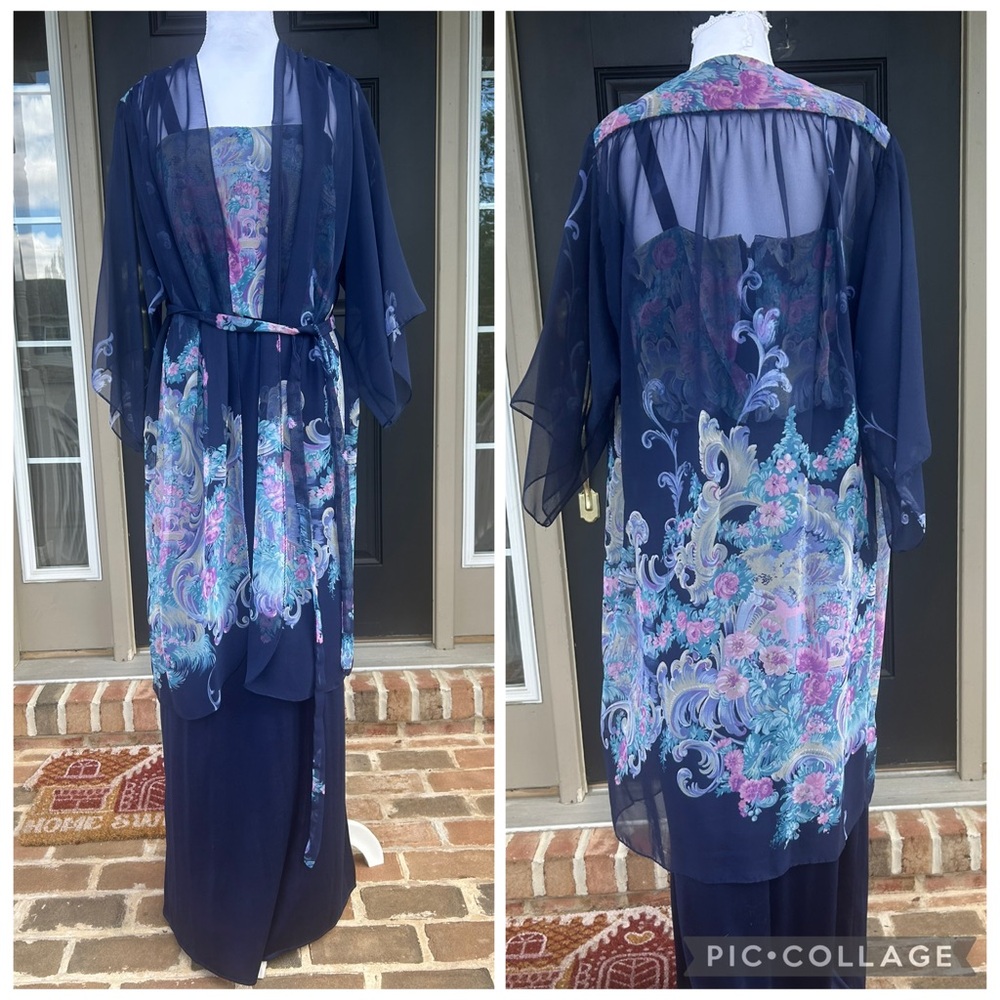 Vintage 70s navy floral sheer blouson maxi dress kimono tie belt disco studio 54